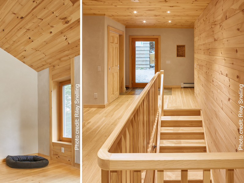 Straw bale house with wood, earth plaster, LED lights and "truth window". Photos by Riley Snelling