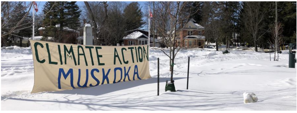 Picture  of the Climate Action Muskoka banner at Memorial Park in Bracebridge