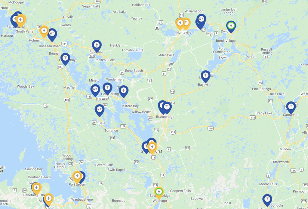 Picture of ChargeHub map of EV chargers around Muskoka - March 2021