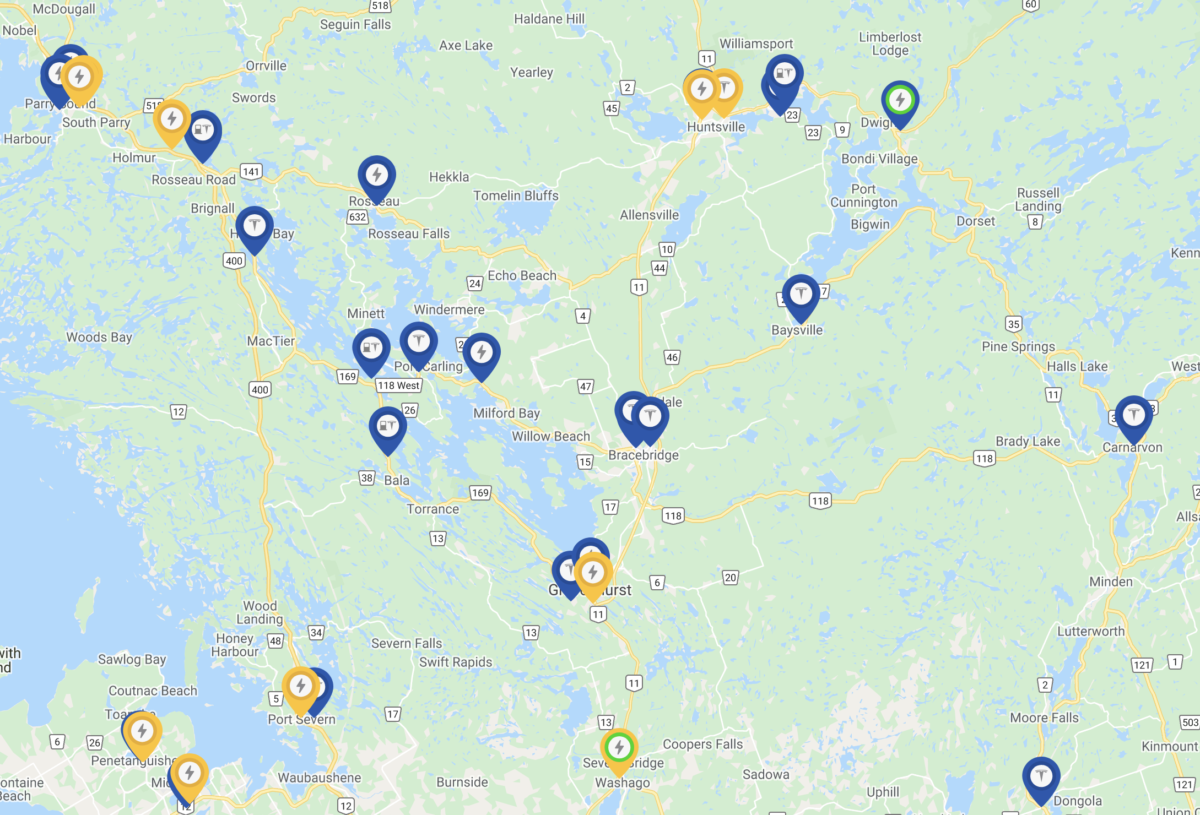 Picture of ChargeHub map of EV chargers around Muskoka - March 2021